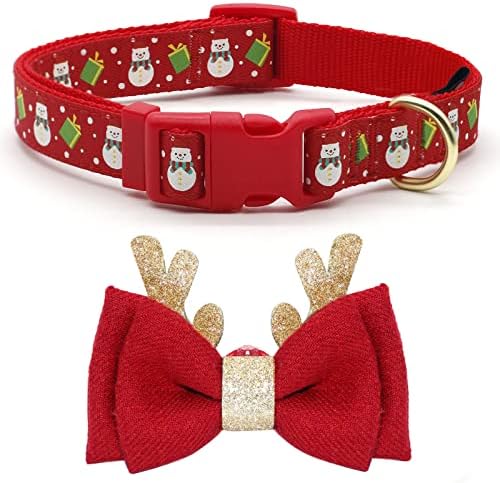 azuza Christmas Dog Collar Adjustable Xmas Dog Collars with Christmas Antler Bow tie Accessories Snowman Dog Collar for Medium Dogs