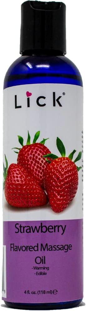 Lick Strawberry Flavored Massage Oil with Natural Vitamin E - Warming Edible Body Oil for Couples Massage, Smooth Long-Lasting, Sweet Almond & Coconut Oil, Moisturizing Skin for Men & Women, 4 oz