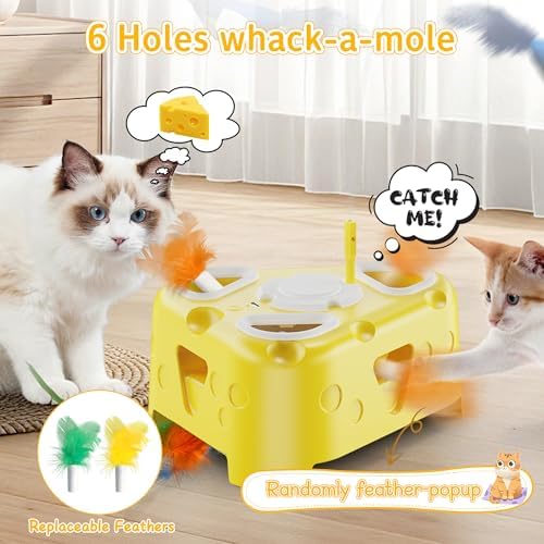 Automatic Cheese-Shaped Interactive Cat Toy – Flying Bird, 6-Hole Mole & Rotating Feather | USB Rechargeable Electronic Feather Toy for Indoor Adult Cats & Kittens, Relieves Boredom