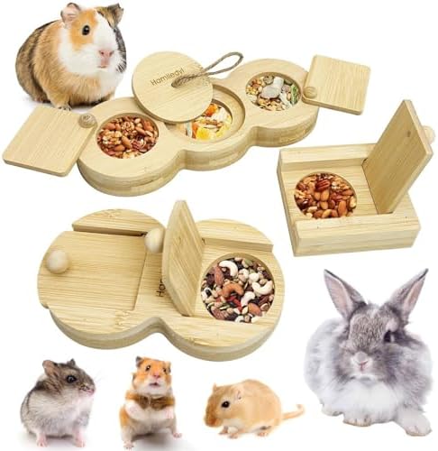Hamiledyi 3 Pack Guinea Pig Foraging Toys Interactive Wooden Rabbit Enrichment Toys Hamster Hide Treats Snuffle Puzzle Game for Chinchilla Bunny Rat Gerbil