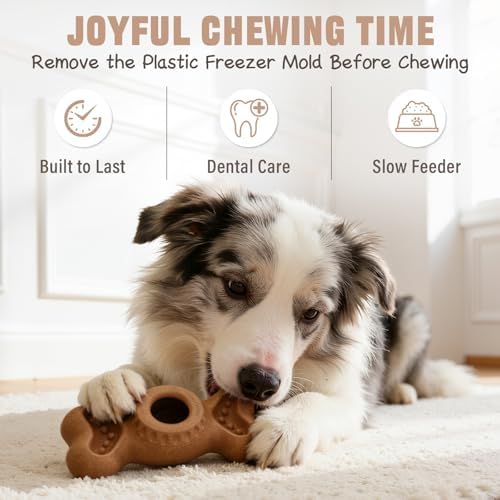 3-in-1 Enrichment Dog Toy for Aggressive Chewers, Frozen Treat Toy & Interactive Treat Dispenser with Peanut Butter Grooves, Long Lasting Chew Toy for Large Dogs, Easy to Clean, Brown