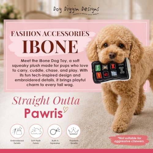 Dog Diggin Designs iBone Plush Dog Toy Bone | Luxury-Inspired Parody Tech-Style Bone with Squeaker, Soft Plush Chew & Play Dog Toy – Modern Fashion Accessories