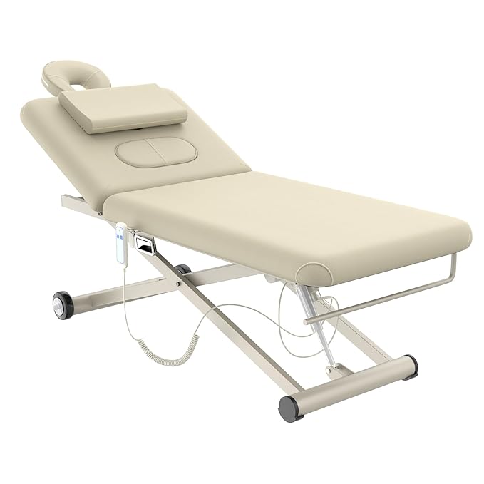 Electric Massage Table, Electric Lift Motor Height adjustable and Manual Backrest Adjustable Angle for Treatment/Medical Spa/Facial Bed/Beauty Bed/Massage Bed and More - 32 Wide x 75 Long - Beige Gray