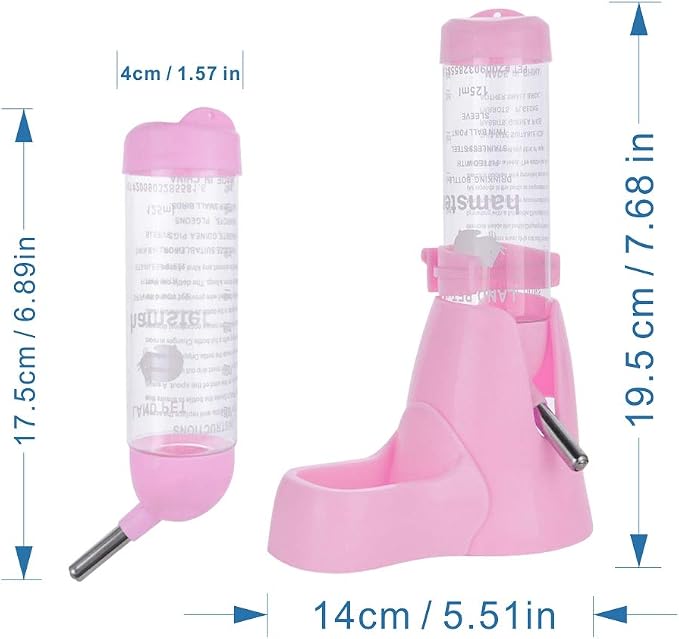 Guardians Hamster Water Bottle, Little Pet Automatic Drinking Bottle with Food Container Base Hut Hanging Water Feeding Bottles Auto Dispenser for Small Animals (125ml,Pink)