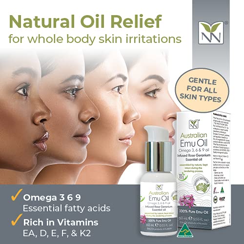 Y Not Natural Pure Emu Oil - Organic Moisture for Face, Body, Hair, Scalp & Nails - Rich in Omega 3-6-9, Vitamins & Essential Minerals - Australian Emu Oil (60ml) 2.03 fl oz - Rose Geranium