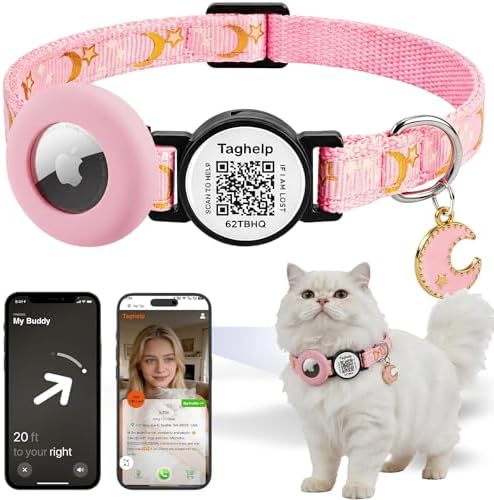 Stars and Moon AirTag Collar with AirTag Holder & Bell,Air Tag Cat Collar for Apple. Solid & Safe, Pet Collar, Breakaway Cat Collar,Smart QR Code Cat ID Tags - Pet Online Profile(Pink)