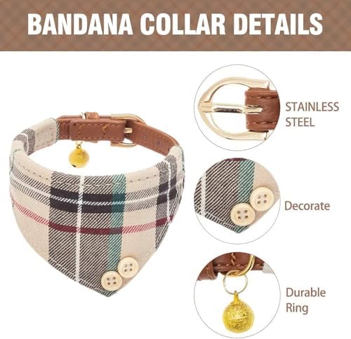 KOOLTAIL Small Dog Collar and Leash Set with Bowtie and Bells - Cute Puppy Bandana Collar and Leash with Classic Plaid Pattern, Soft Leather Tangle Free Leashes for Small Boys Girls Dogs,Cats,Beige XS
