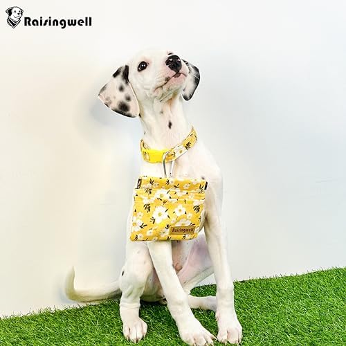 Raisingwell Dog Treat Pouch, Pocket Sized Pet Training Pouch, Cotton Fabric, Hand Free Yellow Flower Dog Walking Bag with Carabiner, Self-Closing Pet Feed Snack Reward, for Puppy Travel or Outdoor Use