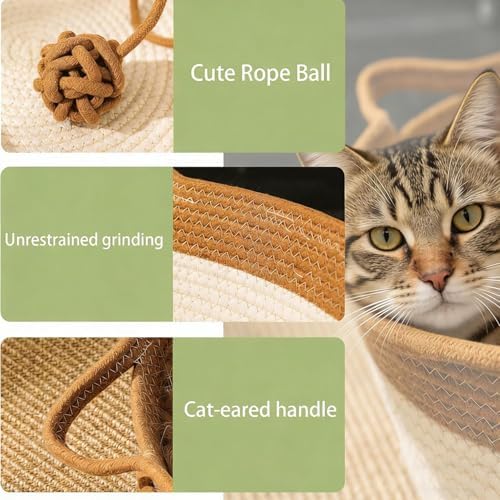 Handwoven Cat Basket with Hanging Ball Toy, Scratchable Cat Lounger Basket for Sleeping, Playing and Relaxing, Cotton Rope Cat Bed Basket with Cat Ear Handles (Brown,M)