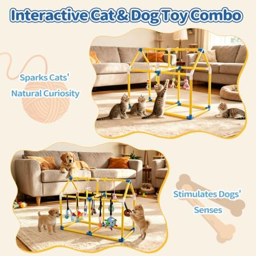 Liitrton Puppy Play Gym for Small Dogs & Kittens, Large PVC Yellow Frame