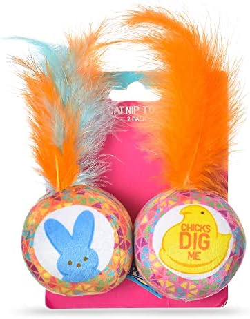 Peeps for Pets Jingle Bell Blue Bunny and Yellow Chick Catnip Cat Toys, 4''- 2 Count | Cat Toy Set with 2 Cat Toys | Catnip Cat Toys Feather Cat Toys Cat Bell Toy, Orange & Pink