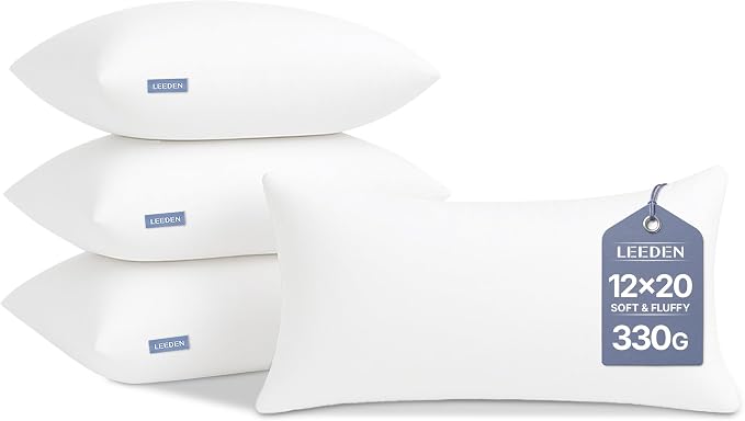 Leeden 12x20 Pillow Inserts Pack of 4, Fluffy Lumbar Throw Pillow Inserts, Soft Rectangle Decorative Throw Pillows for Couch, Sofa, Bed, and Home Decor White Pillows