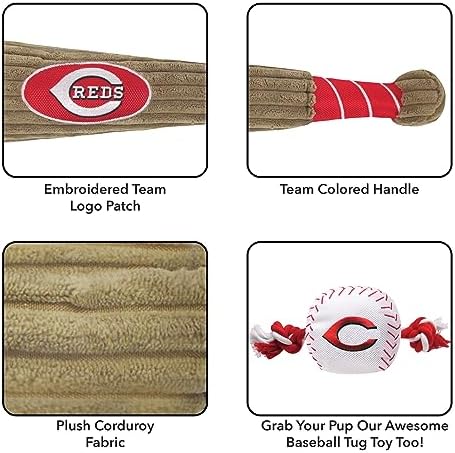 MLB Cincinatti Reds Baseball Bat Toy for DOGS & CATS. Soft Corduroy Plush Dog Toy with Inner SQUEAKER, MLB Chew Toys for Dogs or Cats. Durable Fun Interactive Dog Toy with Team Names and Logo