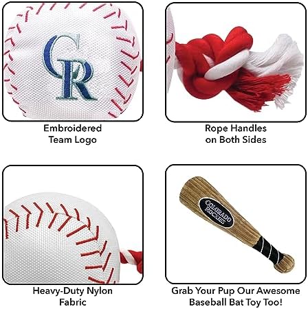 Pets First MLB Colorado Rockies Baseball Rope Toy for Dogs & Cats. Tough Nylon, Sporty Baseball Design, Heavy-Duty Ropes with Inner Squeaker
