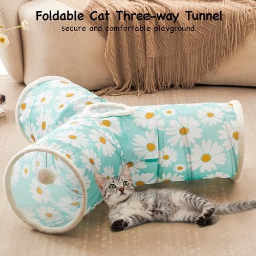 Tempcore Cat Tunnel, 3-Way Collapsible Toy for Indoor Cats, Daisy Blue