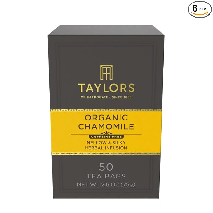 Taylors of Harrogate Organic Chamomile, Herbal Tea, Pillow Tea Bags, 50 Count (Pack of 6), Mellow, Silky & Soft, Caffeine-Free, Enjoy Hot or Iced, 300 Teabags Total