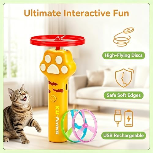 Cat Dog Launcher Toy, Rechargeable Interactive Pet Toy with LED Lights Cat Fetch Toys with 6 Flying Spinner Discs, 8pcs Cat Spring Toy, Adjustable Launch Control for Hunting Indoor Outdoor