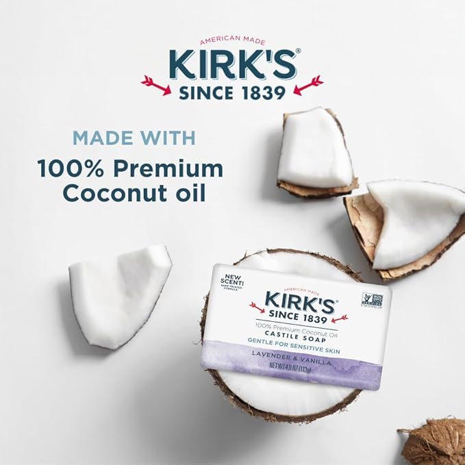 Kirk's Castile Bar Soap for Men, Women & Children - Made with Premium Coconut Oil, Sensitive Skin Formula, Vegan, Non GMO, Lavender & Vanilla, 4 oz. Bars 6 Pack