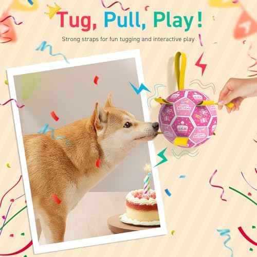 QDAN Dog Birthday Toys, Puppy Gifts, Dog Soccer Ball with Straps, Pink | 8 Inch Outdoor Herding Balls for 30-90 lbs Dogs, Interactive Training Soccer Toy for Tug of War, Dog Ball to Keep Them Busy