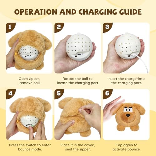 Moving Dog Ball, Jumping Squeaky Interactive Dog Toys, Plush Chew Toys for Small/Medium/Large Dogs, USB Rechargeable (Brown)
