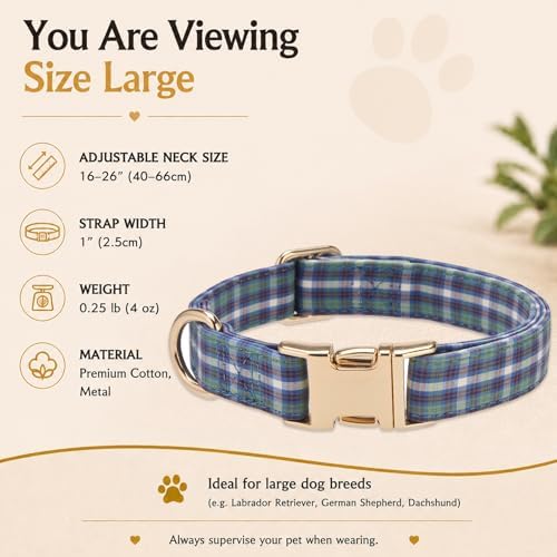 Soft Cotton Dog Collar Classic Plaid Pet Collars with Metal Clasp for Large Dogs with Sensitive Skin, Highland Blue Tartan