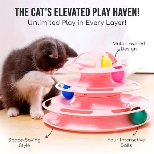 Vila 4-Tier Cat Tower, Multi-Level Interactive Track, Kitten Toy for Indoor Felines Self-Engage with 4 Chase Multicolored Balls, Pink, 1 Set Per Pack