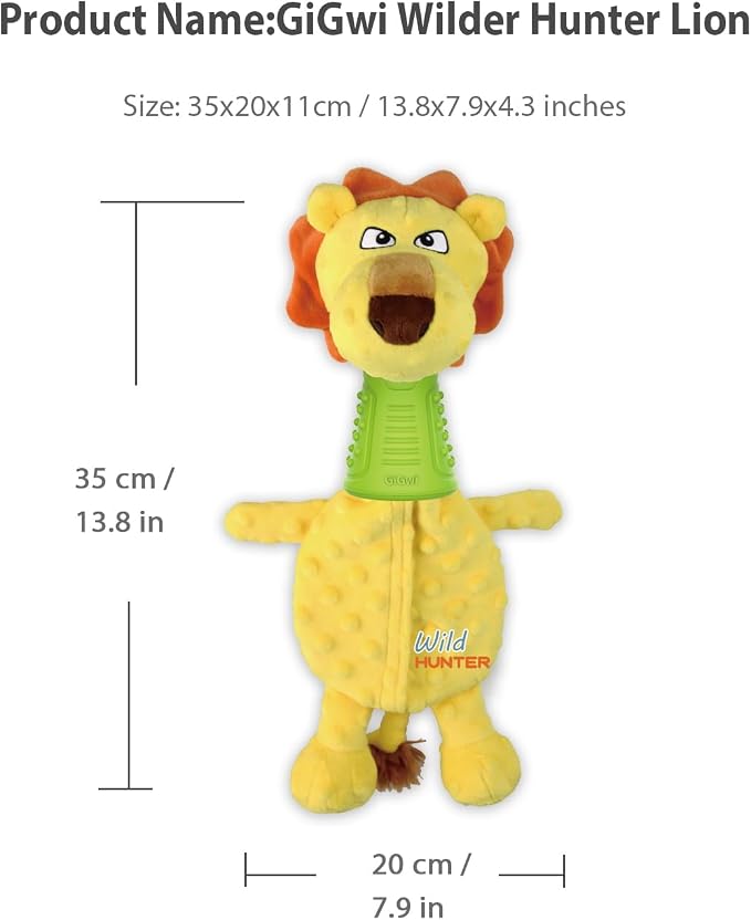 Dog Plush Toy Wilder Hunter Lion for Playing, Dental Health, Mental Stimulation - Medium Breeds - Unscented Treat Dispenser (Large Size 14 x 8 inch)