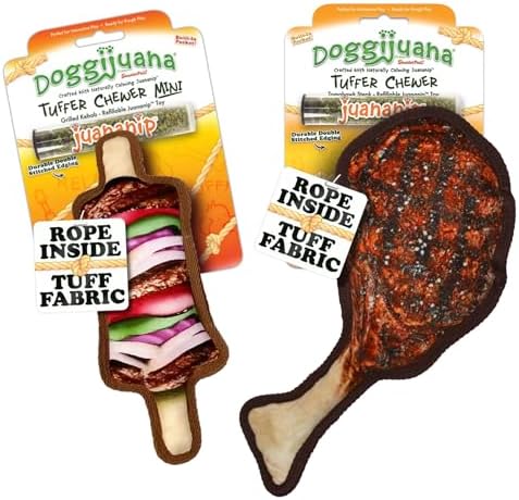 Doggijuana Tomahawk Steak & Grilled Kebab Dog Toy Bundle | 2 Pack, Squeaky