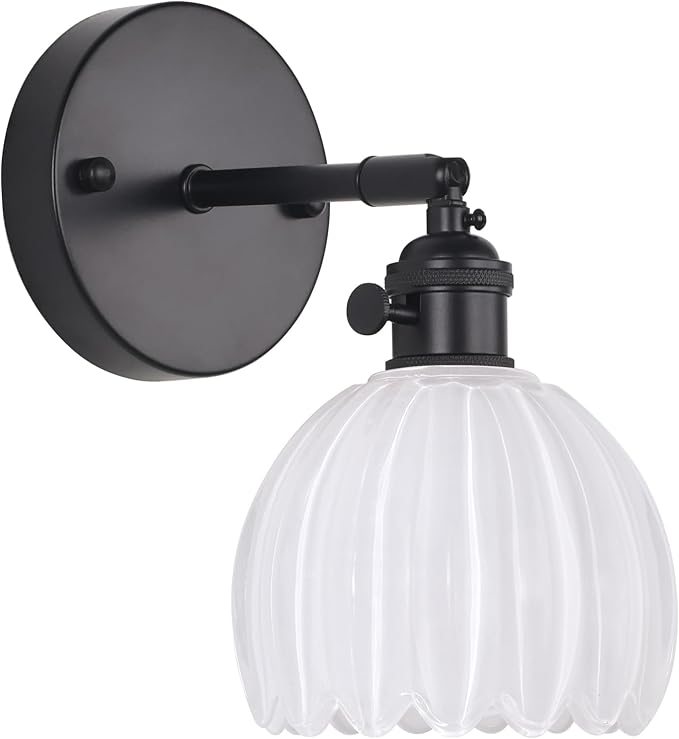 Shenmoyl Vintage Wall Sconce with White Tulip Glass Lampshade 180 Degree Adjustable Black Sconce Hradwired Modern Wall Lighting Fixture with Switch for Bedside Bedroom Doorway