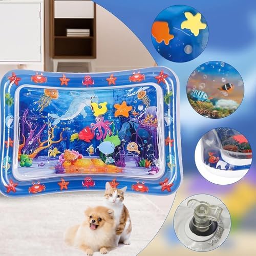 2 Pieces Upgraded Thickened Cat Water Mat,Interactive Cat Toy for Indoor Cats to Exercise, Hunting,Swatting, Anti-Scratch Leak Proof Foldable Water Sensory Play Mat with Fish for Pet Play