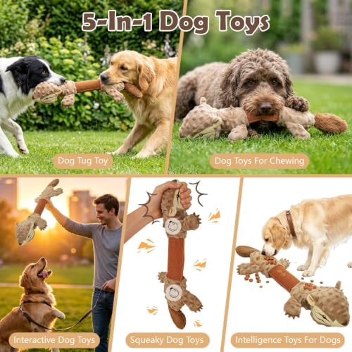 Squeaky Squirrel Dog Toy with 2 Treat-Hiding Pockets, Interactive Plush Tug Toy for Aggressive Chewers, Durable Crinkle Chew Toy for Small Medium Large Dogs