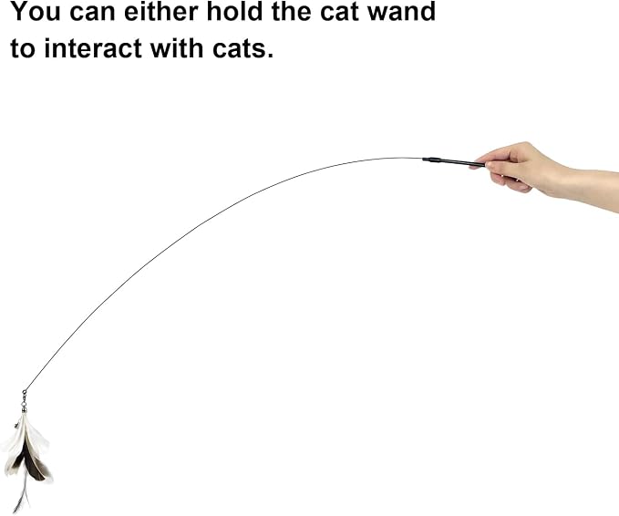 Cat Feather Wand Toy with Suction Cup, 2 in 1 Hands Free & Handheld Interactive Cat Teaser, Long Flexible Steel Wire Stick, 3 Replaceable Feather Bird Attachments with Bells for Indoor Kittens & Cats.
