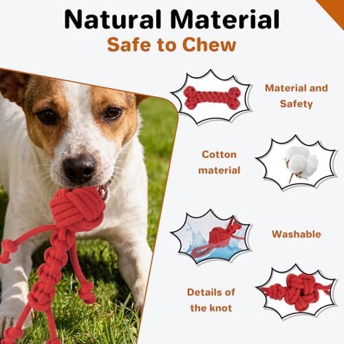 3 Pack Cotton Rope Dog Toy Set, Indestructible Chew Toys for Aggressive Chewers, Puppy Teething Toys with Bone, Human & Chinese Knot Designs for Boredom Relief & Tug of War， Red