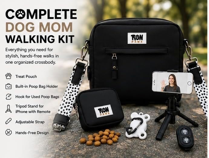 Hands-Free Dog Walking Crossbody for Training, Treat Pouch, Built-in Poop Bag Dispenser, Used Bag Hook & Bonus Tripod (Black)