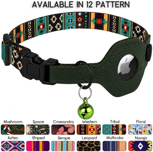 Breakaway Cat Collar with Leather AirTag Holder & Bell - Apple Air Tag Cat Collars for Girls & Boys, Lightweight Anti-Lost GPS Tracker Design, Printed Pattern - Safety and Adjustable (Tribal)