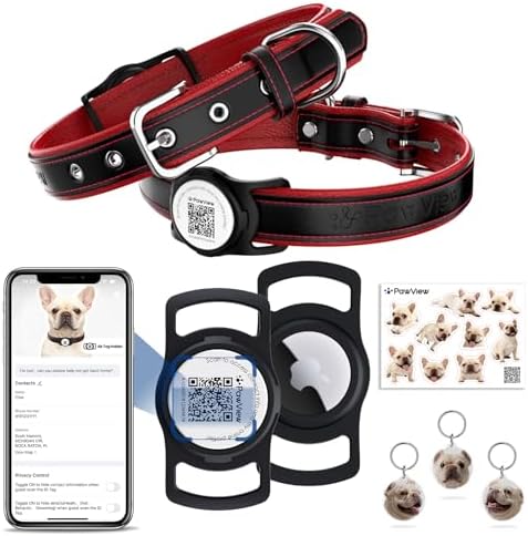 French Bulldog Leather Dog Collar with Holder for AirTag, Gift Set with 3 Frenchie QR Code Dog Tags (Dual Safety) & 2 Sticker Sheets, Personalized Accessories for Safety,Black,M