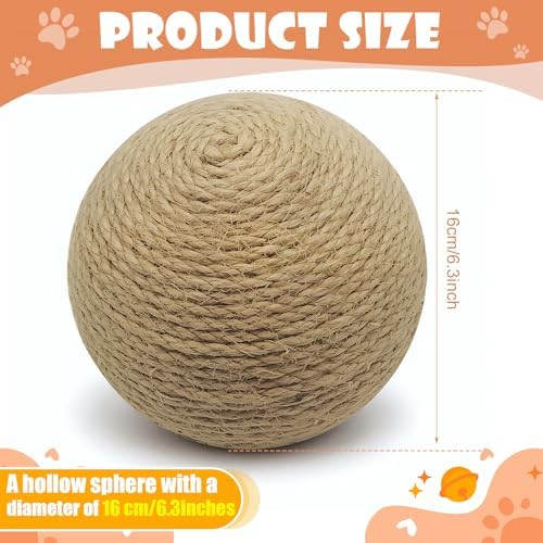 Sisal Cat Ball Toy, Large 6.3 inch Interactive Natural Cat Scratching Ball, Perfect Scratcher for Cats' Exercise and Fun