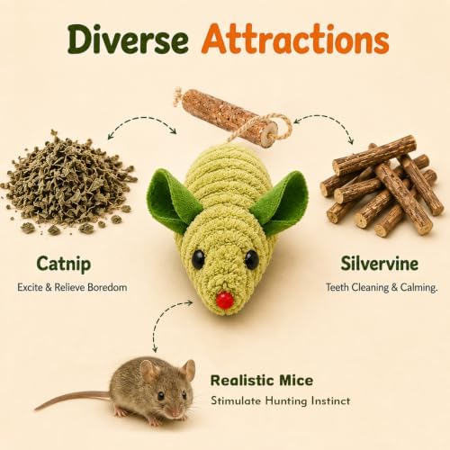 Cat Mouse Toy, 3-Piece Set of Catnip Mice, Interactive Cat Toy for Kittens