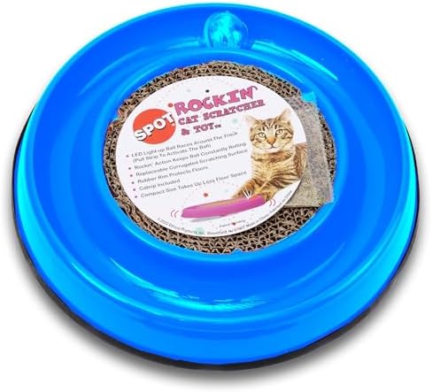 SPOT Rockin’ Cat Scratcher Toy – Interactive LED Light-Up Ball Cat Toy, Corrugated 5-Inch Cardboard Scratching Pad with Catnip Bag for Claw Care & Play, Non-Slip Rubber Base, 10-Inch, 1-Piece