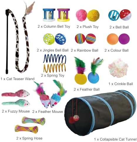PetLike 25pcs Interactive Cat Toys Set Collapsible Cat Tunnel Interactive Feather Teaser Wand,Spring Toys & Balls for Indoor Cats (Black, 25x55cm)
