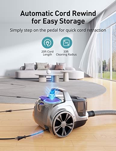 Aspiron Canister Vacuum, Upgraded 1600W Bagless Canister Vacuum Cleaner | Auto Cord Rewind, H13 HEPA Filter, 4Qt Large Capacity, 5 Tools for Hard Floors, Carpet, Pet, Upholstery, Tiles, Wineberry