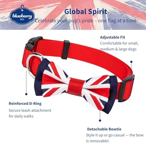 Blueberry Pet 2 Patterns Patriotic Spirits UK Flag Adjustable Bowtie Red Dog Collar - Handmade Bow Tie w/Jacquard Weave Fabric, Medium, Neck 14.5"-20"
