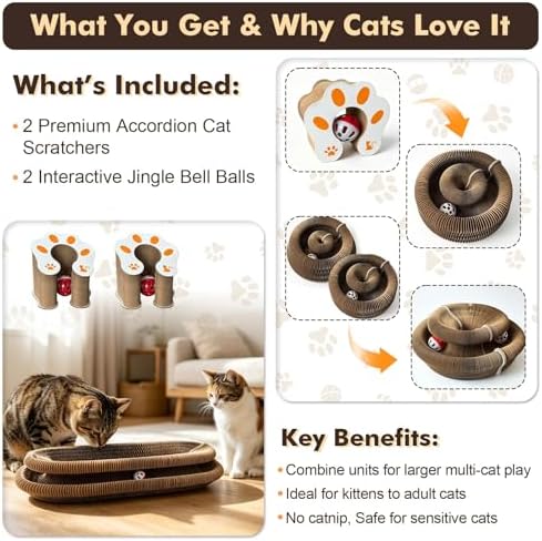 2-Pack Cat Pad Scratcher Toys, Magic Organ Cat Toy & Kitty Curls Cat Toy, Interactive Cardboard Cat Scratching Board with Bell Balls, Corrugated Scratcher for Indoor Cats, Furniture Protection