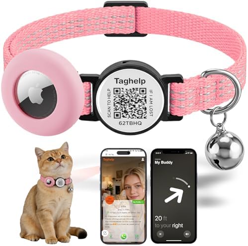 Reflective Kitten Collar Breakaway Apple Air Tag Cat Collar, GPS Cat Collar with AirTag Holder and Bell, Lightweight Tracker Collars for Girl Boy Cats Puppies (Pink)