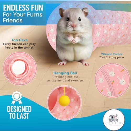 Tunnels with 3-Way Entrance - Cozy, Washable Guinea Pig Hideout - Interactive Cage Toys (Pink Bunnies)