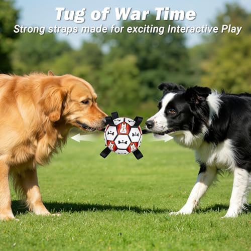 Dog Toy Balls, Dog Soccer Ball with Straps, Interactive World Cup Soccer Ball for Medium Dogs, Water Fetch Toys, Tug-of-War, Herding Ball Toys Outdoor, Dog Birthday Toy, Black (6 Inch)