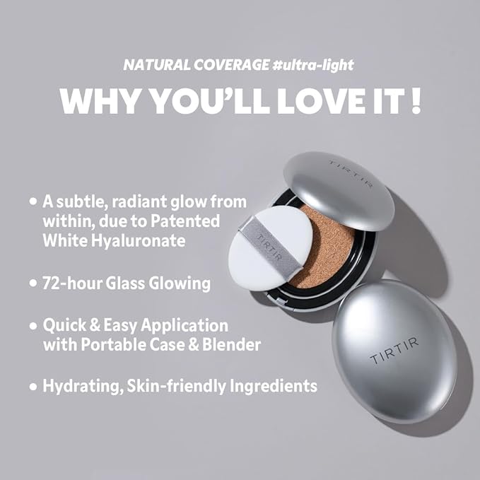 TIRTIR Mask Fit Aura Silver Cushion Foundation | Semi-glow Finish, Natural Coverage, Moisturizing, Lightweight, Korean cushion foundation (#35N Walnut, Full Size, 0.63 Fl Oz)