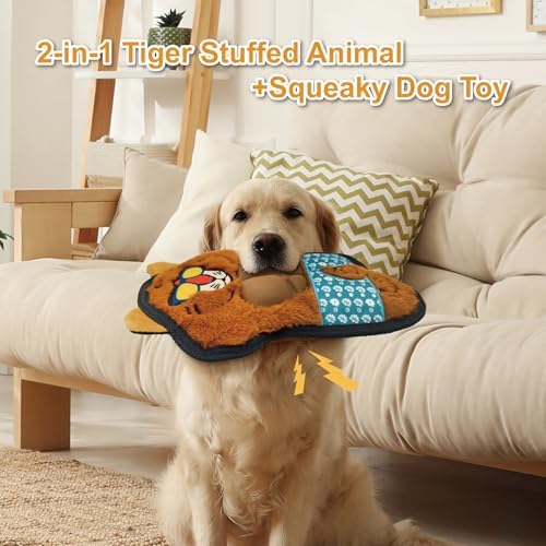 11.42 Inch Yellow Tiger Squeaky Dog Toy with TPR Muscles, Plush Chew Toy for Puppy Teething, Interactive Tough Toy for Small Medium Large Dogs