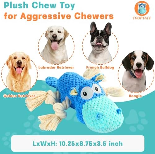 TOOPTATE Hippo Squeaky Dog Toy, Blue, Medium