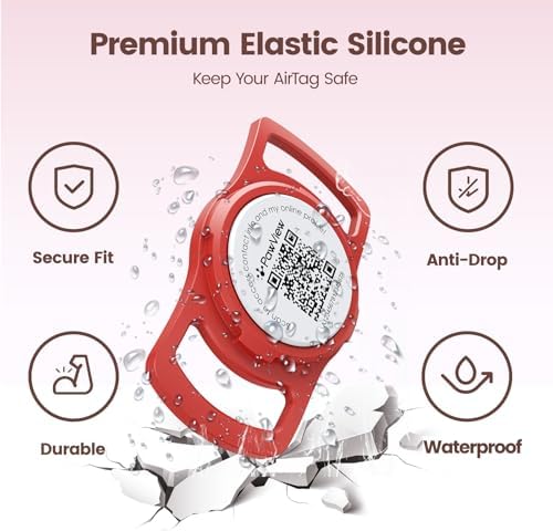 for air tag Dog Collar Holder with QR ID, Durable & Waterproof Silicone for air tag Case Accessories, Scan Alert, Instant Location, Pet Online Profile, Contacts Info (1 Pack, Red)